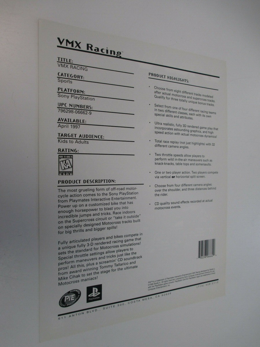 VMX Racing Sony Playstation 1997 Vintage Poster Ad Sheet Advert Print E3  Promo