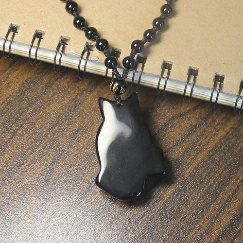 Kristall Natürlicher Schwarz Obsidian Eule Halskette Anhänger Perle mit Perlenkette - Bild 4 von 6