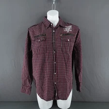 Point Zero Mens Button Shirt L Red Plaid Zip Pockets Grunge Western Y2K Style