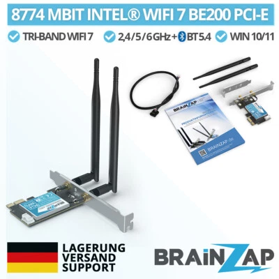 BRAINZAP 8774 Mbit WiFi 7 BE200 PCIe PCI-Express Intel scheda WLAN 2,4/5,8/6 GHz tri-band