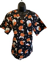 Scrubs Top Halloween Black Orange Happy Sleepy Pumpkin Moon Star Small UA New