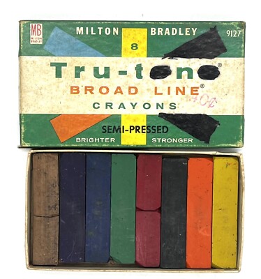 Milton Bradley Tru-Tone Broad Line Semi Pressed Crayons 8 Color Made in USA 9127