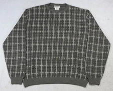 Vintage Norm Thompson Sweater Mens L Gray Checkered Knit Crewneck Made In Italy