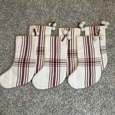 NWOT 6X Hearth  Hand Magnolia Christmas Stocking White Red Plaid PomPoms