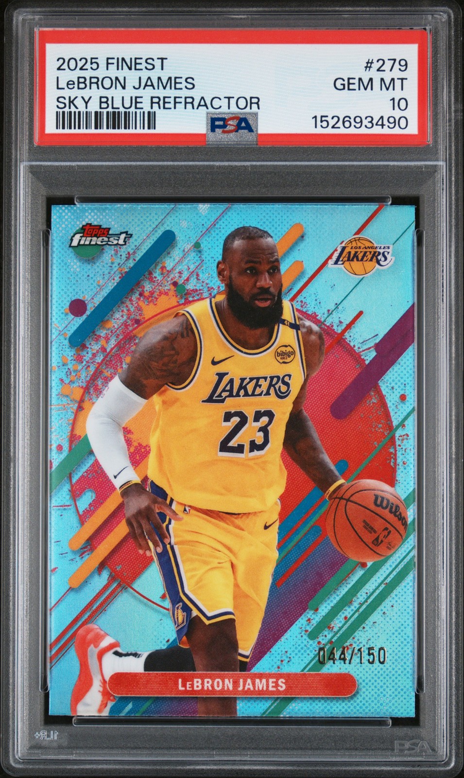 2025 TOPPS FINEST SKY BLUE REFRACTOR #279 LEBRON JAMES 44/150 PSA 10