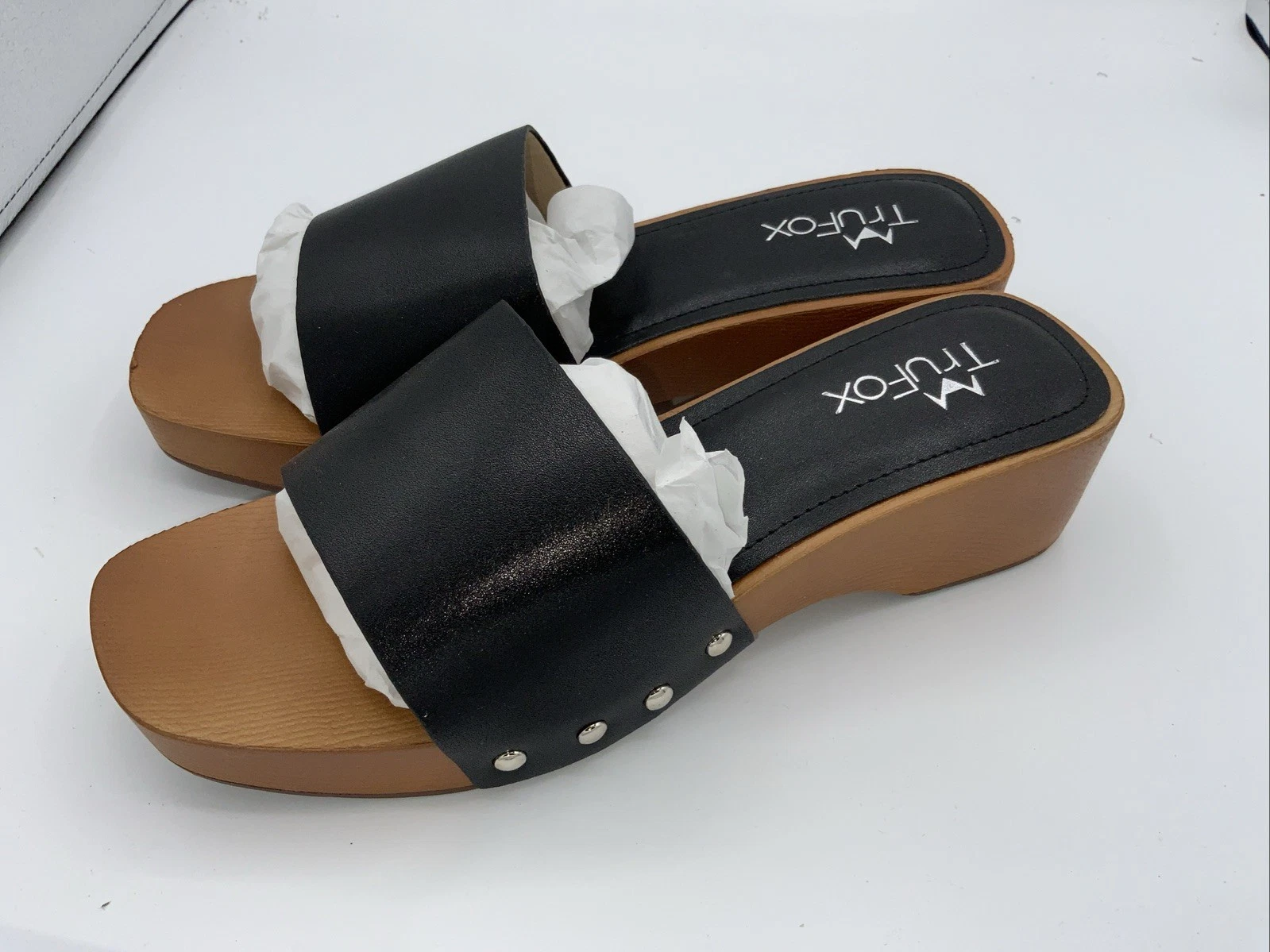 TruFox Classic Slide Sandals Low Heel Lightweight Faux Wood, Size 10
