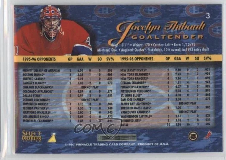 1996-97 Select Certified Jocelyn Thibault #3 - Image 2 of 2