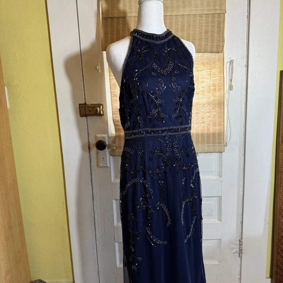 Maxi Vestido de Noche Formal Adrianna Papell Para Mujer 10 Azul Marino Con Cuentas Lentejuelas Malla Foto 2 de 4