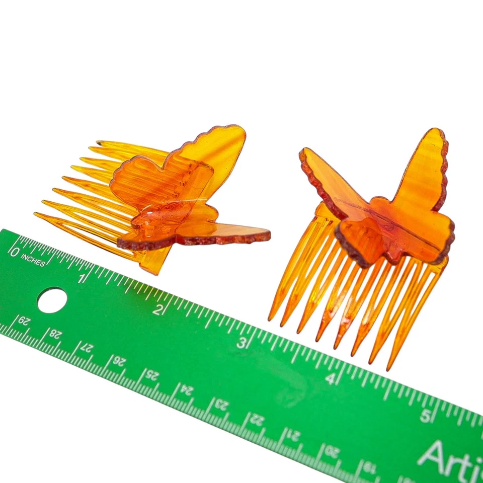Vintage Amber Celluloid Butterfly Hair Combs, Made in USA – 1940s Factory-Split - Image 4 of 4