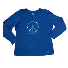 Life is Good Long Sleeve V Neck Peace Christmas SZ XL T Shirt Blue