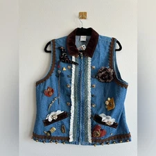 Vintage Upcycled Denim Vest Beaded Embellished Folk Art Western Boho Size L