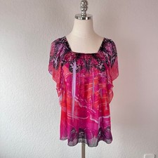 Vintage Y2K Flowy Butterfly Print Top Shortsleeve Pink size Medium Fairycore