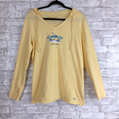 Life is Good T Shirt Hoodie Womens Large Yellow Social Network Beachy Casual