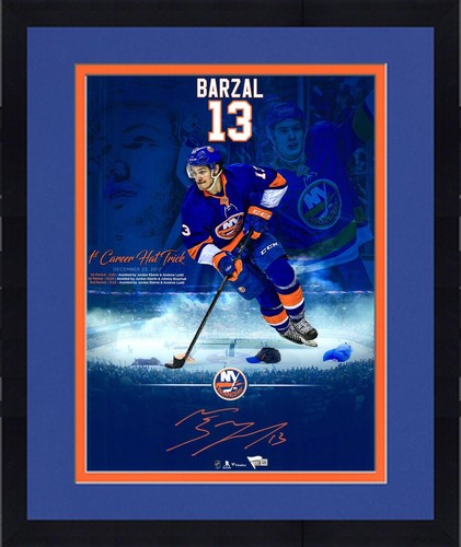Framed Mathew Barzal Islanders Signed 16x20 First NHL Hat Trick Highlight Photo