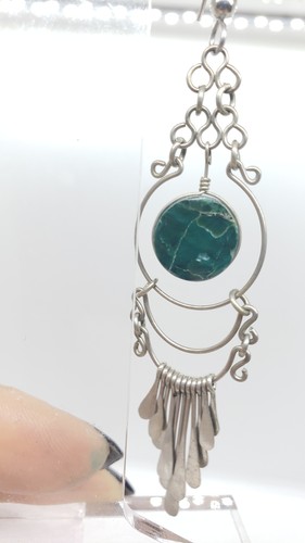 Boho Dangle Earrings Silver Tone Green Malachite Gem Chandelier Long 4.5 Inch - Picture 2 of 10