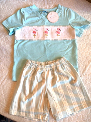 NEW! Abby & Evie Boutique Size 7 Flamingo Shirt & Matching Striped Shorts Set