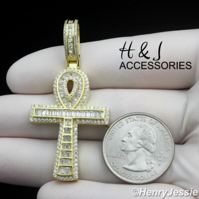 925 STERLING SILVER ICY BAGUETTE CZ GOLD PLATED 3D ANKH KEY CROSS PENDANT*AGP453
