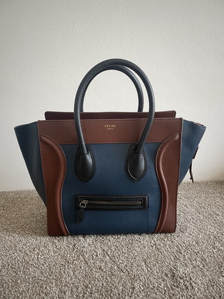 CELINE Mini Luggage Navy Blue Brown Tote Bag Leather