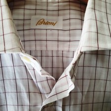 Brioni Cotton Dress Shirt White with Thin Red and Pink Check - Size 15.5 / 39
