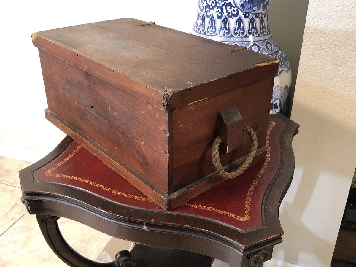 RARE MINIATURE 18TH C SEA CHEST ORIGINAL HANDLES BEST ORIGINAL RED