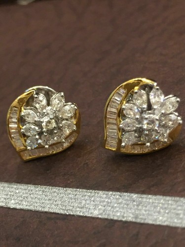 Pave 1.28 Cts Round Pear Cut Natural Diamonds Stud Earrings In 585 Fine 14K Gold - Picture 9 of 10