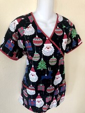 UA SCRUBS Christmas Santa Holiday Scrub Top Shirt With Pockets Size S Tie Back