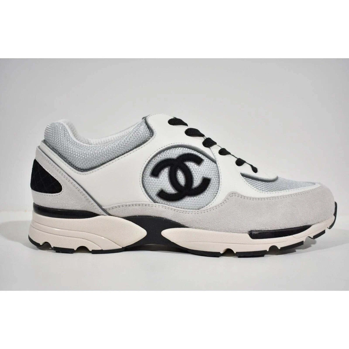 Chanel 22S Mens Silver Grey Black White CC Logo Low Top Trainer Sneaker 43  10