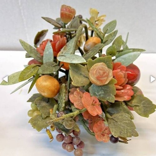 Medium Chinese Jade Agate Green Stone Flower Tree Pot Thick Petals In a Basket