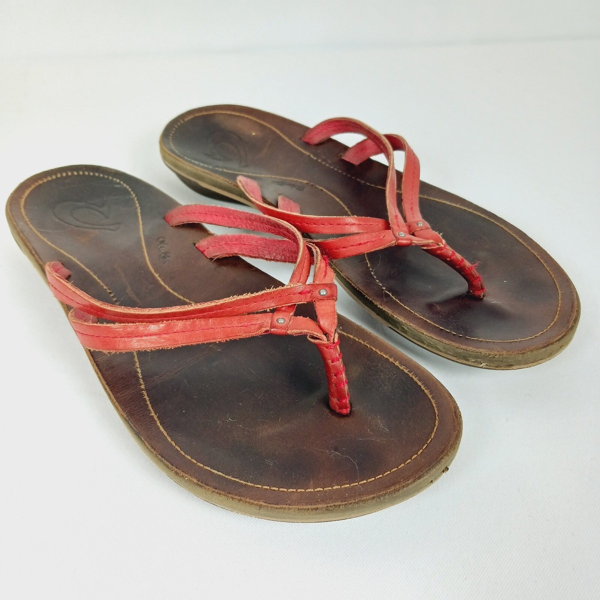 【MODERNIF】Oud leather flip flops Olukai UI Womens Sz 8 Red & Brown Leather Strappy Slip On