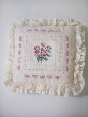 Vintage Cross Stitch Pillow 18x18'' Floral Roses Butterfly Signed NIMA 2