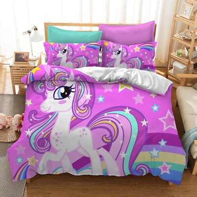 3D Einhorn Regenbogen Stern Kinder Lila Quilt Cover Set Bettwäsche Sets Kisse...