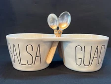 Mud Pie Ceramic Salsa & Guac Divided Serving Dish With Wooden Spoons