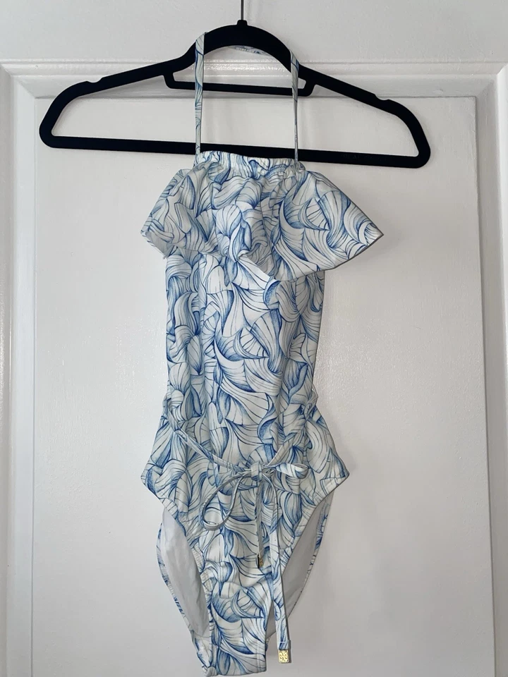 TORY BURCH Traje de Baño Sapri Volantes Una Pieza XS Blanco Azul Patrón Floral Foto 3 de 4
