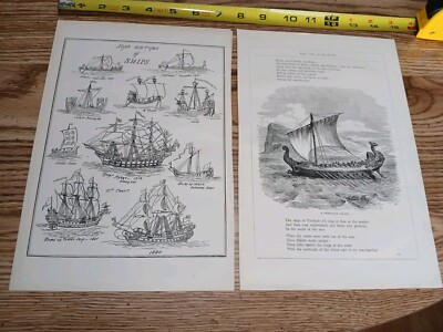 2 Antique Illustrations ''TYPES OF SHIPS & PHENICIAN GALLEY'' Nautical Block Print