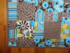Squares and Rectangles Small Quilt Handmade Brown Aqua Blue Flowers