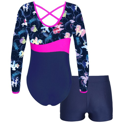 Kids Girls 2 Piece Gymnastics Outfit Junior Ballet Dance Leotard with Shorts - Picture 74 of 84