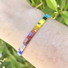 Rainbow Stretch Miyuki bracelet boho Japanese glass tile stackable minimal USA 