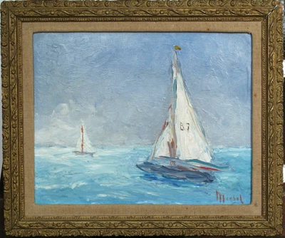 Impressionnisme, Tableau ancien, HSP, La régate, Voiliers, Signé à identifier - Photo 1/4