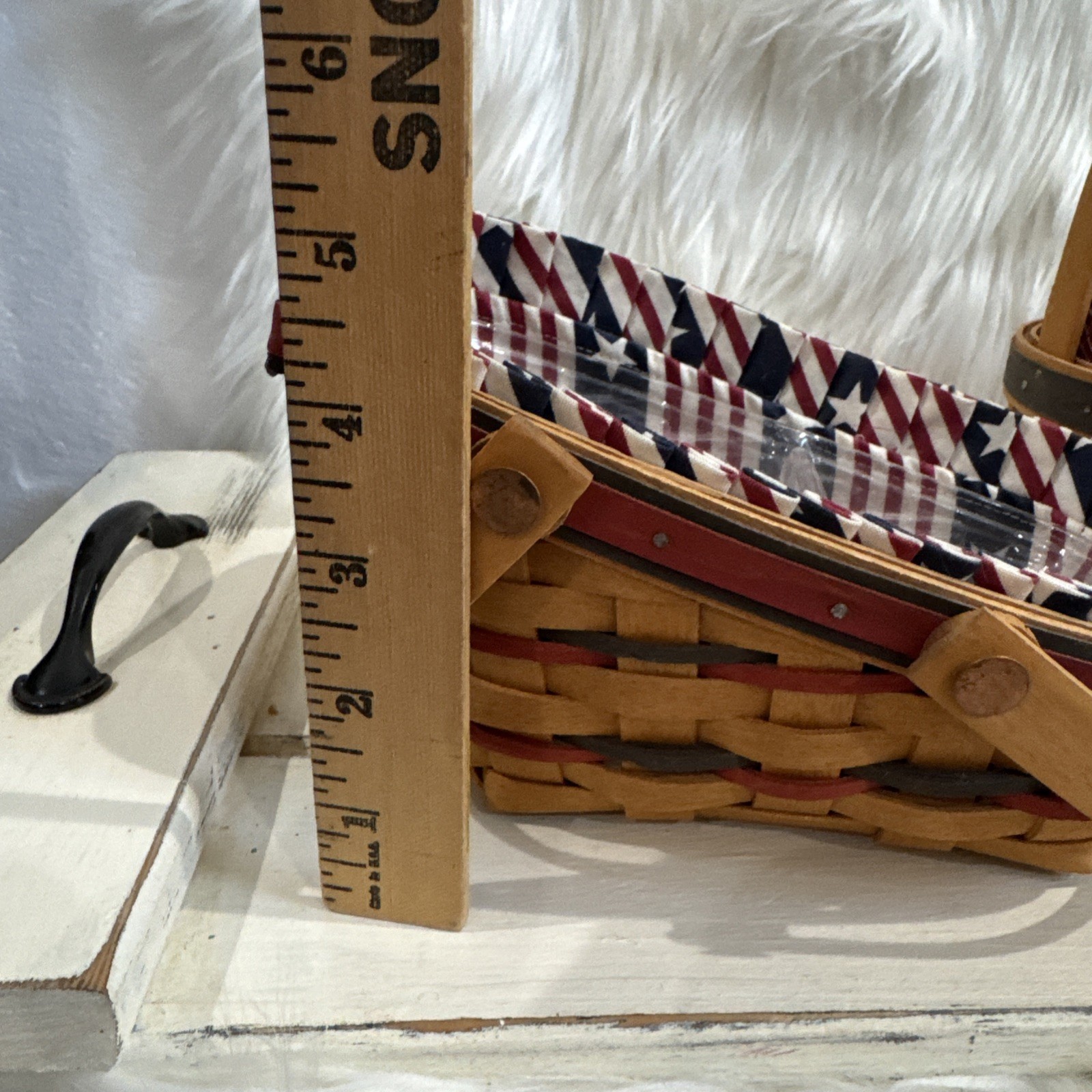 Longaberger 1997 Inaugural Basket 1996 Sleigh, Basket  Red White Blue Liners (2)