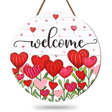 Valentine's Day Welcome Wood Sign Heart Flower Wooden Hanging Sign Red Pink Flor