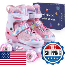 Huanovix Roller Skates for Kids, 4 Size Adjustable Rollerskates with Light Up Wh