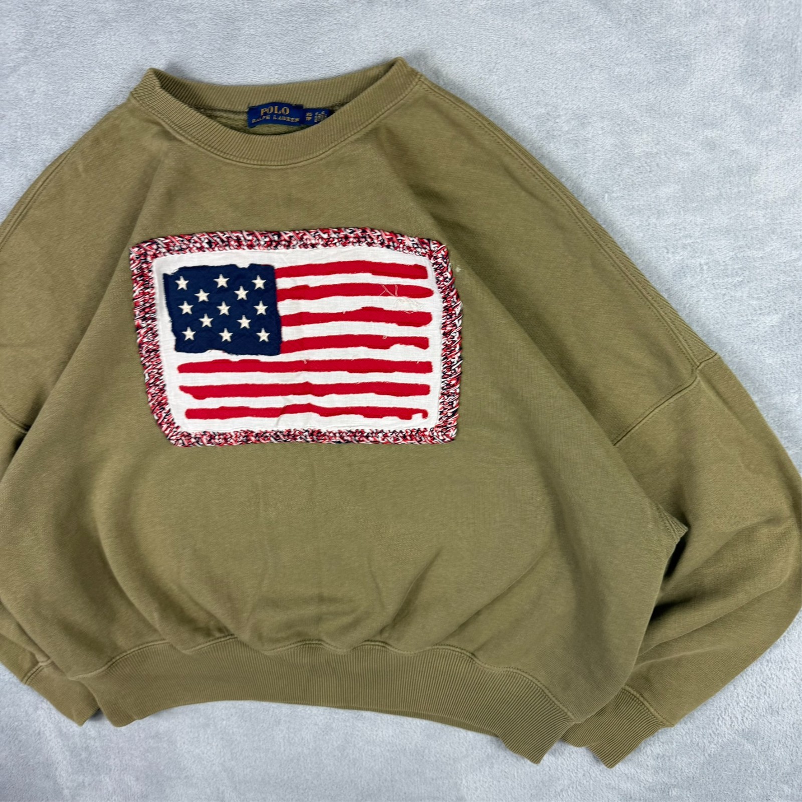 Women's Vintage Polo Ralph Lauren USA Flag Khaki Green Oversized XS Sweatshirt image 4