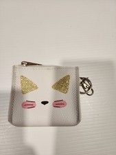 White Cat Mini Coin Wallet Faux Leather Glitter Accents Girls Animal Face