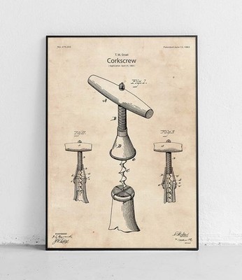 Korkenzieher Patentzeichnung Plakat Thomas M Strait US279203 A 1883 Ingenieur Ge