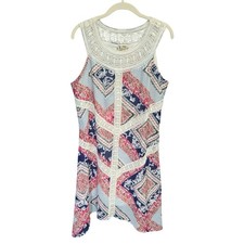 Tanzara Dress Large Boho Geometric Print Crochet Trim Handkerchief Hem Lined