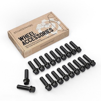 20pc Extended 14x1.5 Black Lug Bolts | 45mm Shank | Ball Radius Seat | Audi & VW