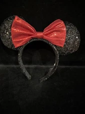 Authentic Disney Parks Minnie Mouse Headband Red & Black Sequined Ears & Bow