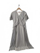Ladies Cream Black Pinstripe Midi Style Dress Criss Cross Front
