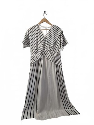 Ladies Cream Black Pinstripe Midi Style Dress Criss Cross Front