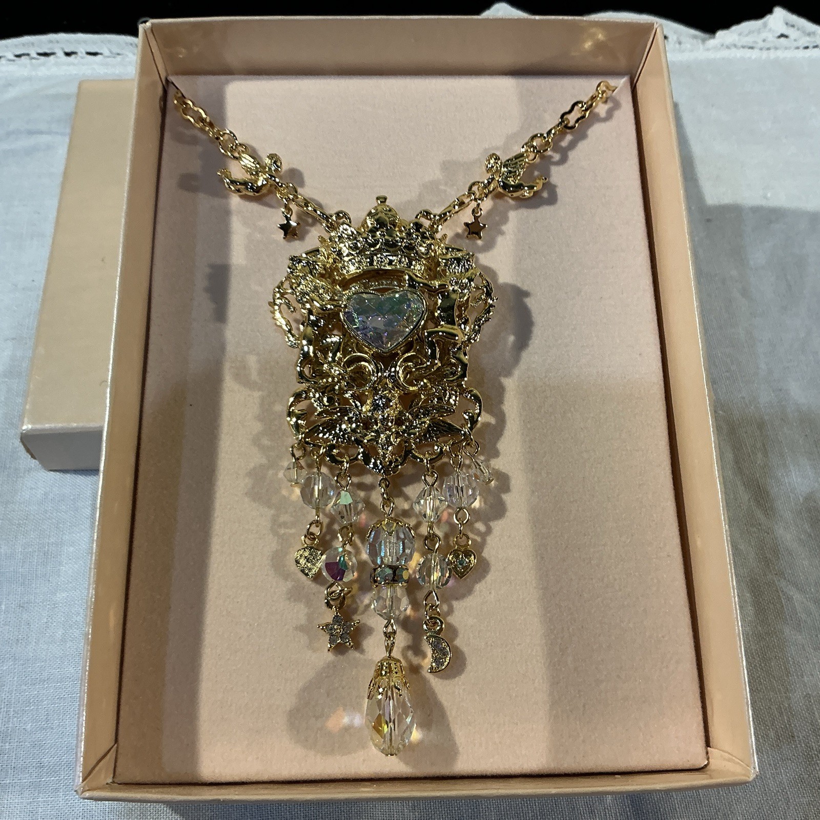 Kirks Folly QVC Medieval Gold Tone AB Crystal Heart Dangle Pin Brooch Necklace